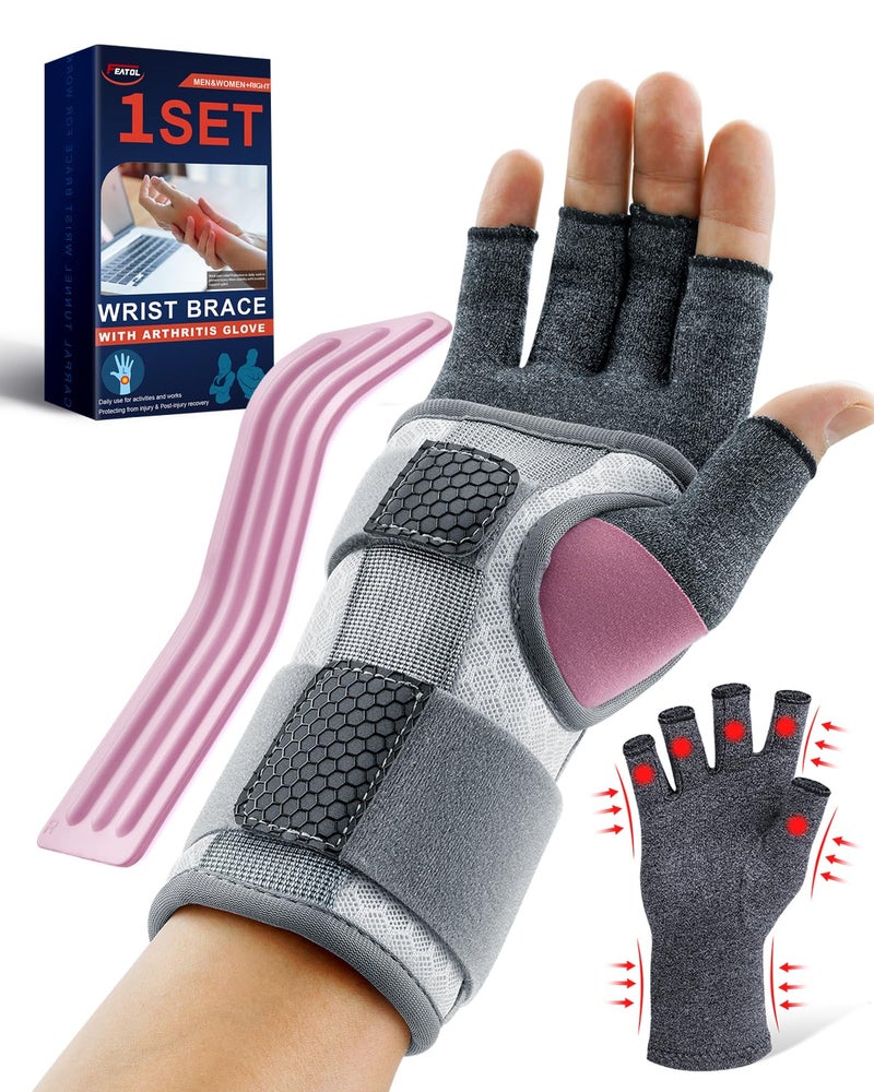 FEATOL Compression Arthritis Glove with Wrist Brace Comfortable Fingerless Carpal Tunnel Hand Gloves for Women Night Support Pain Relief for Rheumatoid Arthritis Work Typing Right Hand Small